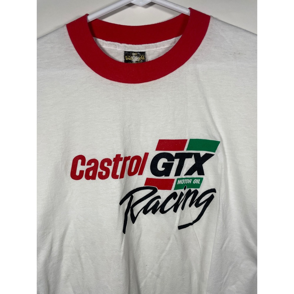 Vintage Castrol GTX Motor Oil Racing Ringer T Shirt Mens Large White Red‎